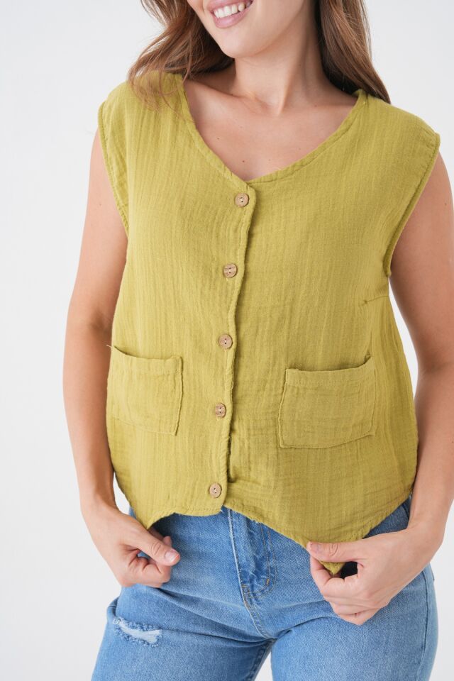 Müslin Cepken Yelek Bluz - %100 Pamuk Önden Düğmeli Kadın Üst Giyim- SM034