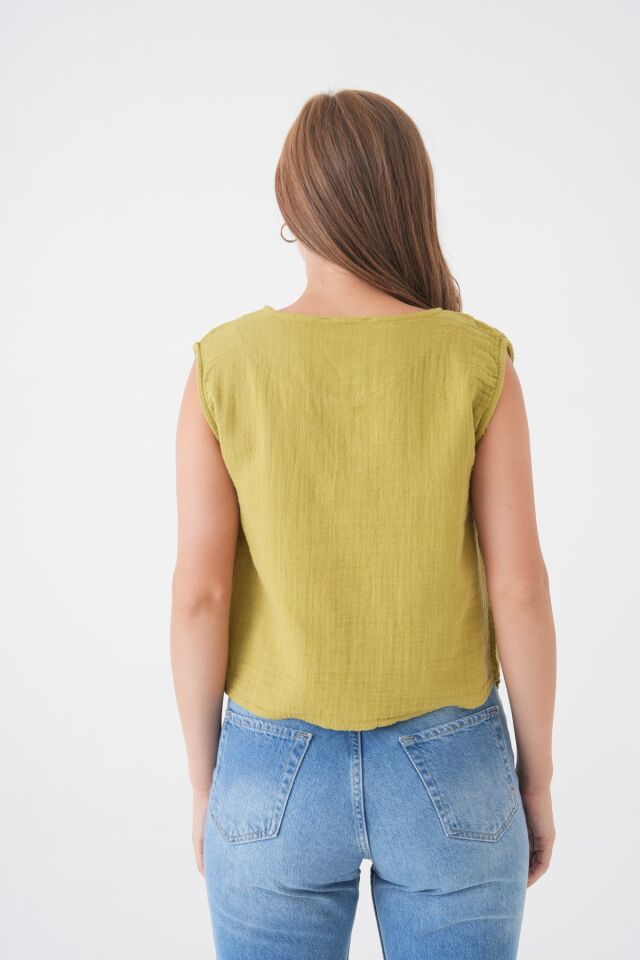 Müslin Cepken Yelek Bluz - %100 Pamuk Önden Düğmeli Kadın Üst Giyim- SM034