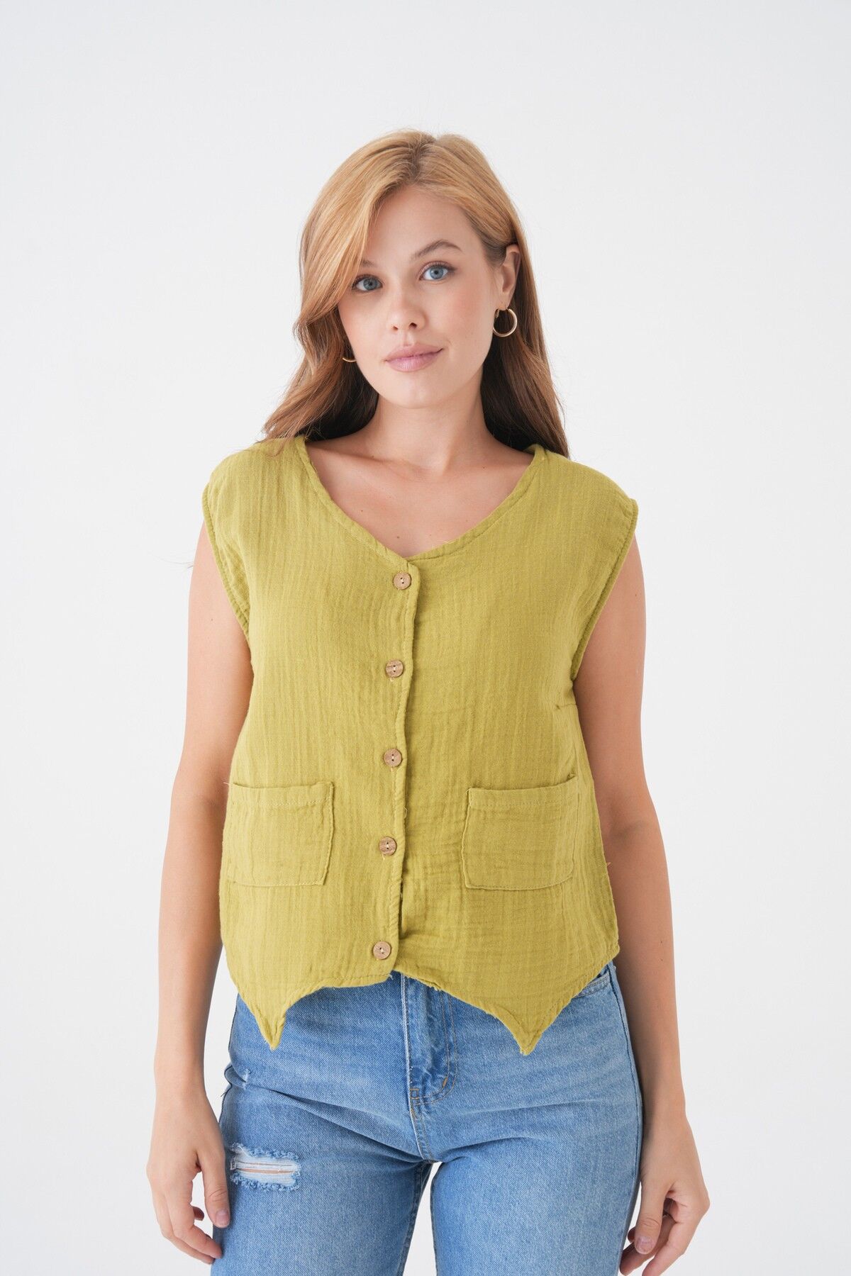 Müslin Cepken Yelek Bluz - %100 Pamuk Önden Düğmeli Kadın Üst Giyim- SM034