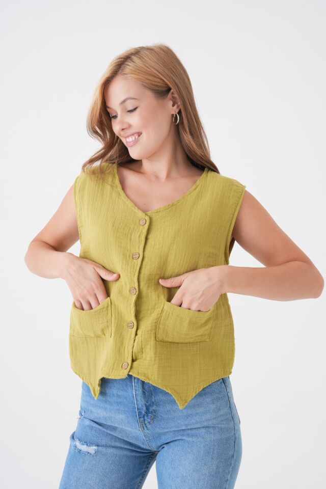 Müslin Cepken Yelek Bluz - %100 Pamuk Önden Düğmeli Kadın Üst Giyim- SM034