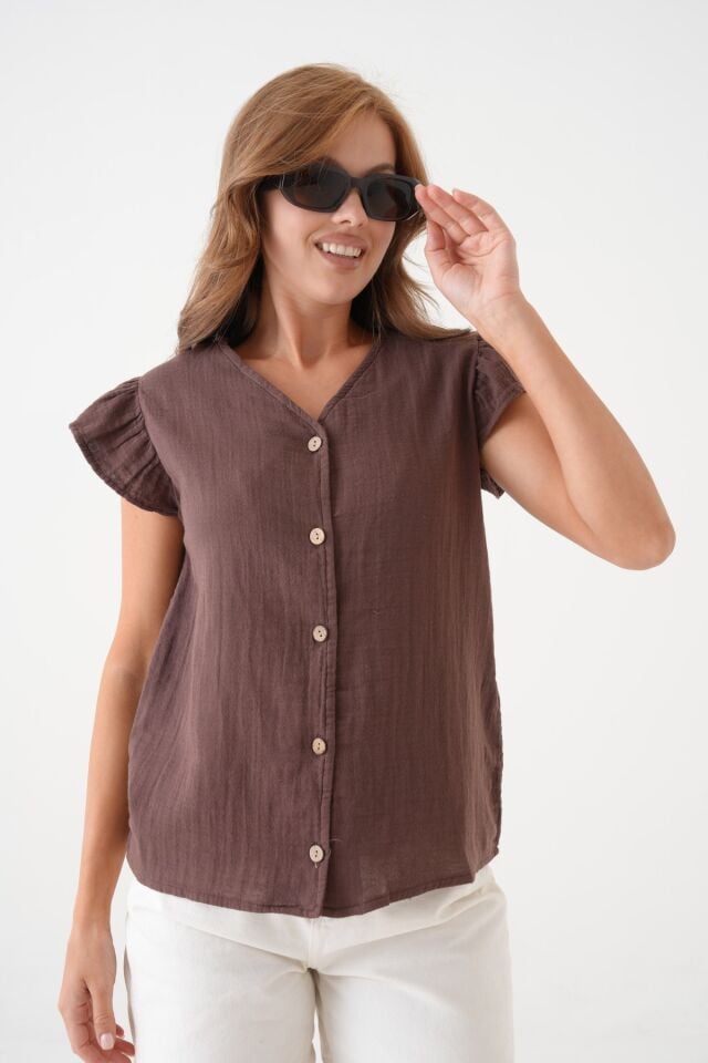 Kadın Müslin Bluz Yelek %100 Pamuk V Yaka Düğmeli Volanlı (SM25)