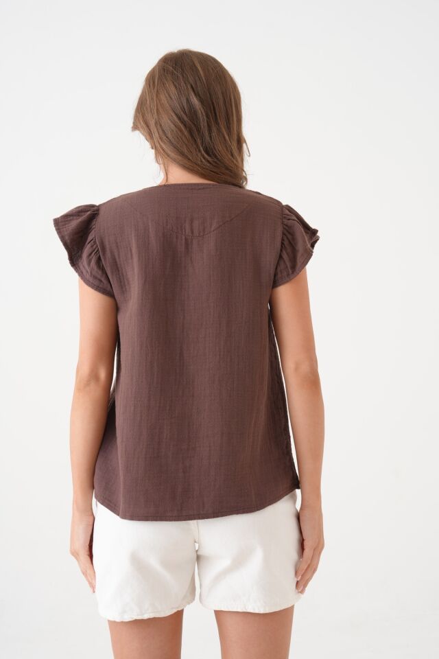 Kadın Müslin Bluz Yelek %100 Pamuk V Yaka Düğmeli Volanlı (SM25)