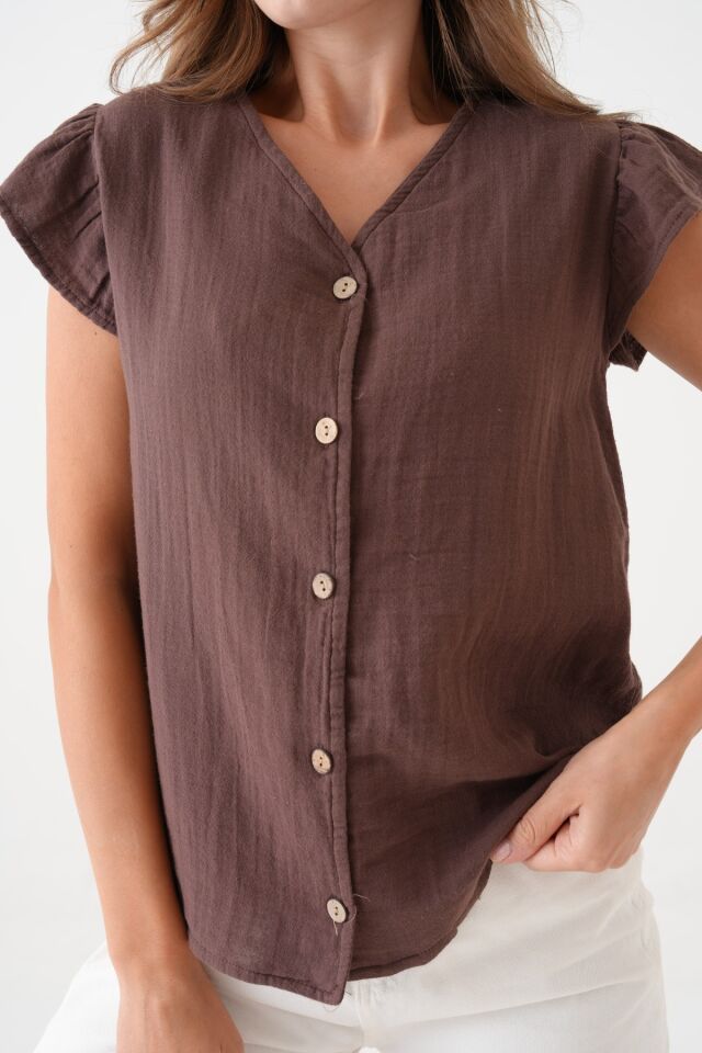 Kadın Müslin Bluz Yelek %100 Pamuk V Yaka Düğmeli Volanlı (SM25)