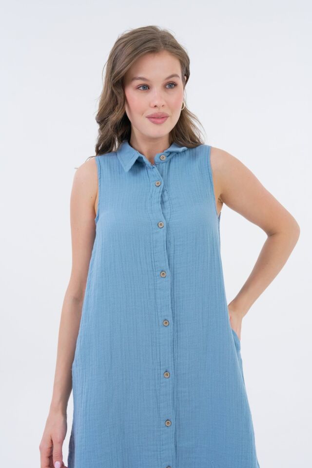 %100 Pamuk Müslin Sıfır Kol Düğme Detaylı Polo Yaka Rahat Yazlık Kadın Elbise-SM001