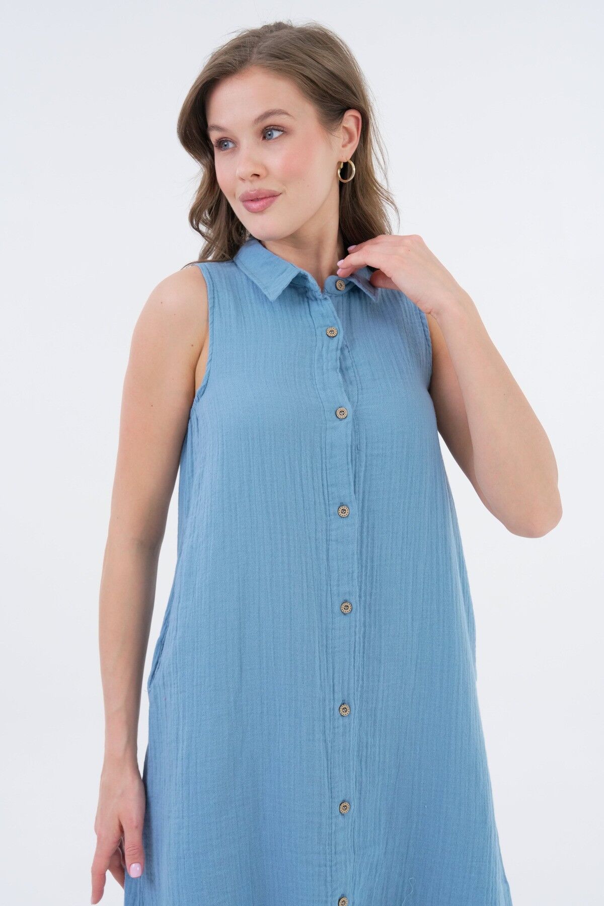 %100 Pamuk Müslin Sıfır Kol Düğme Detaylı Polo Yaka Rahat Yazlık Kadın Elbise-SM001