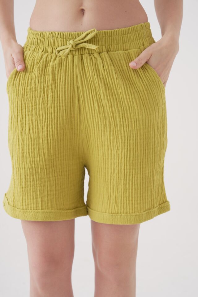 %100 Pamuk Müslin Kadın Şort- Rahat Kesim, Bağcıklı Lastikli Bel, Fonksiyonel Cepli Sm002