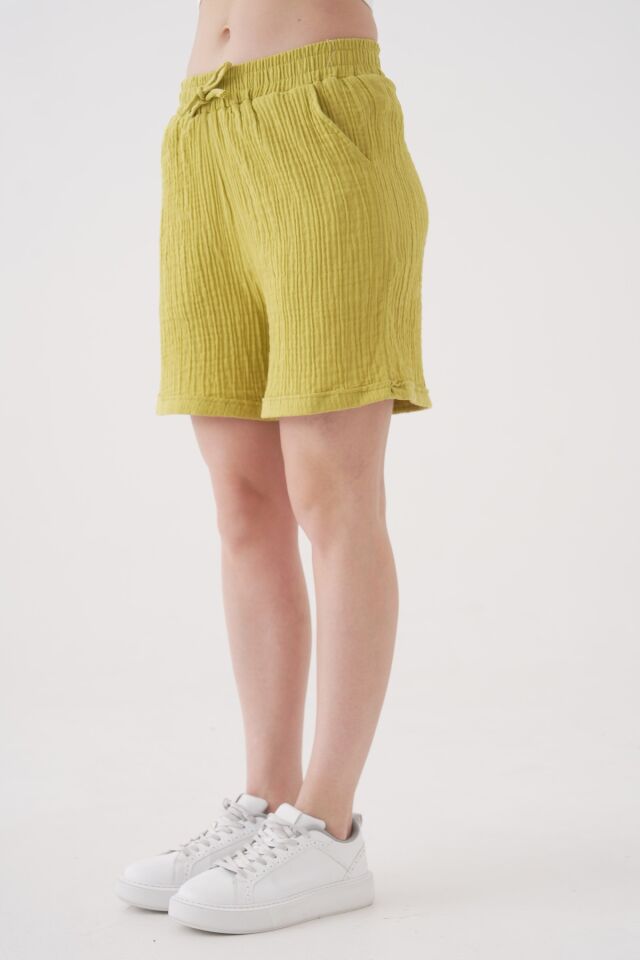 %100 Pamuk Müslin Kadın Şort- Rahat Kesim, Bağcıklı Lastikli Bel, Fonksiyonel Cepli Sm002