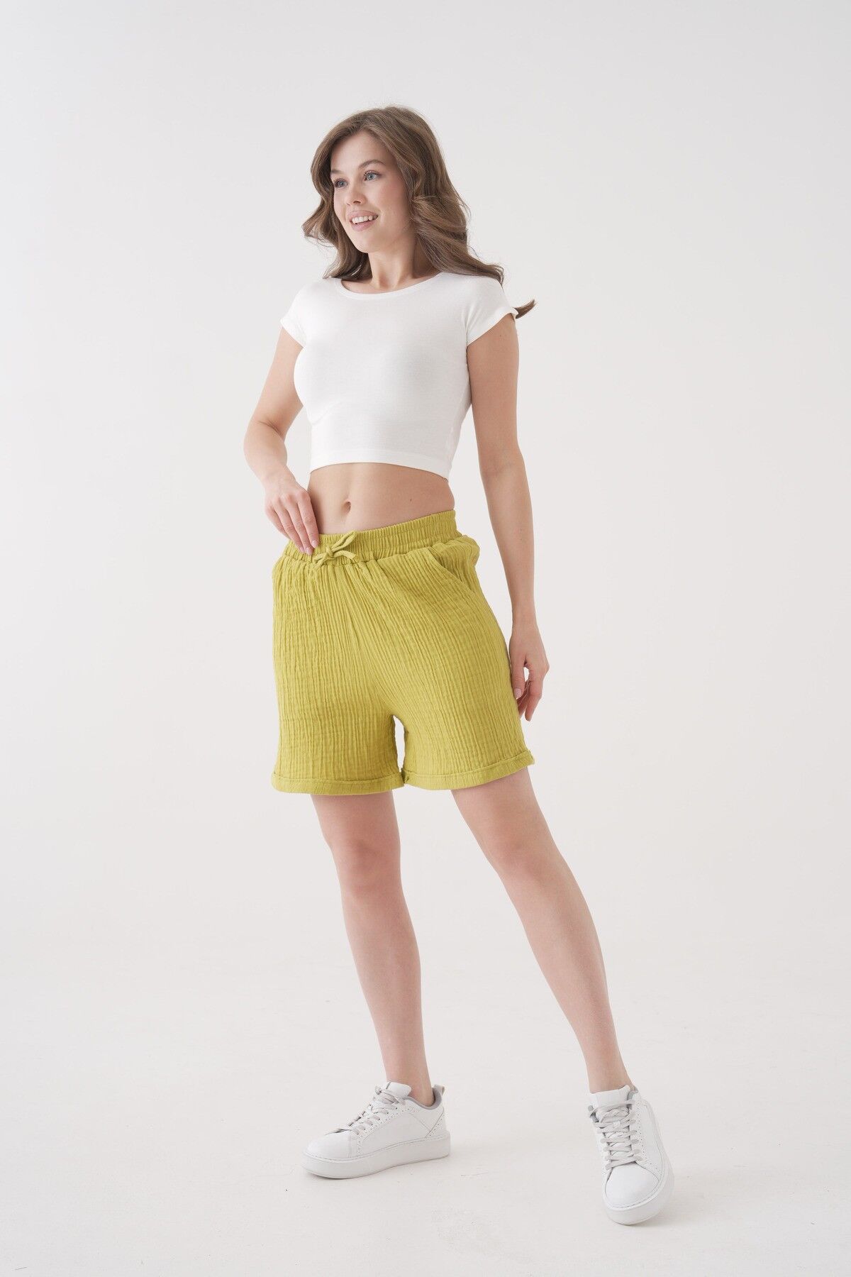 %100 Pamuk Müslin Kadın Şort- Rahat Kesim, Bağcıklı Lastikli Bel, Fonksiyonel Cepli Sm002