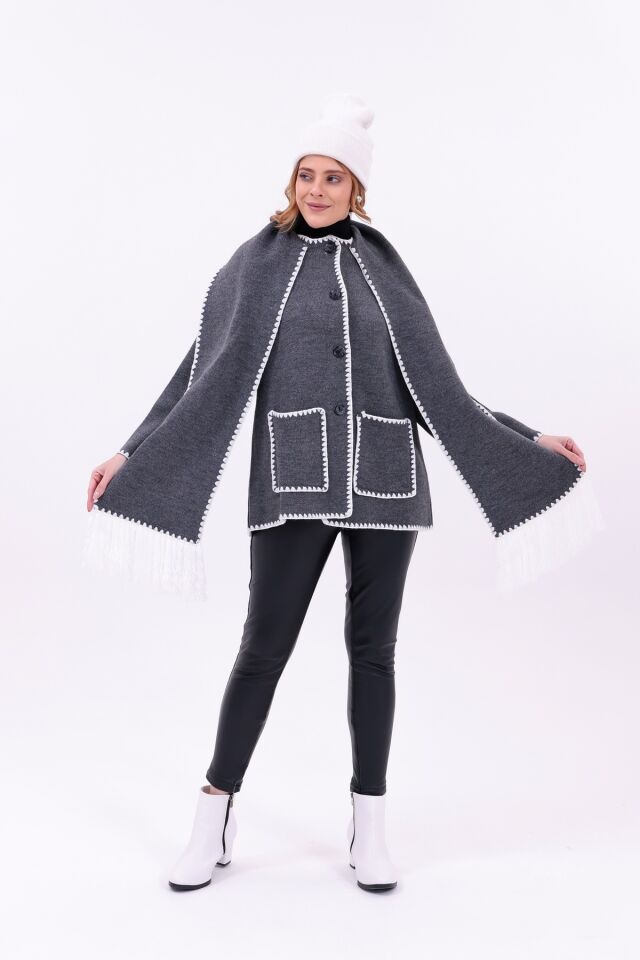 Kadın Nakışlı Atkılı Kalın Kaşe Triko Ceket-Hırka | Ekstra Sıcak Kışlık