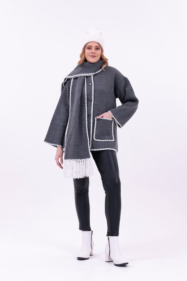 Kadın Nakışlı Atkılı Kalın Kaşe Triko Ceket-Hırka | Ekstra Sıcak Kışlık