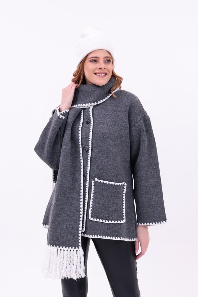 Kadın Nakışlı Atkılı Kalın Kaşe Triko Ceket-Hırka | Ekstra Sıcak Kışlık