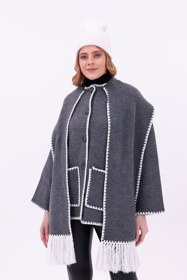 Kadın Nakışlı Atkılı Kalın Kaşe Triko Ceket-Hırka | Ekstra Sıcak Kışlık