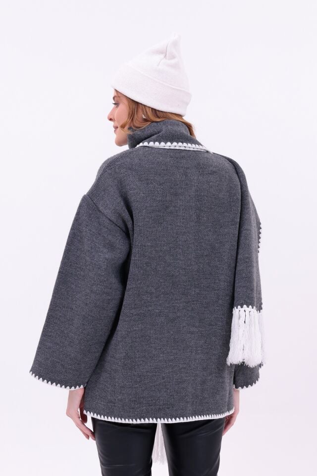 Kadın Nakışlı Atkılı Kalın Kaşe Triko Ceket-Hırka | Ekstra Sıcak Kışlık