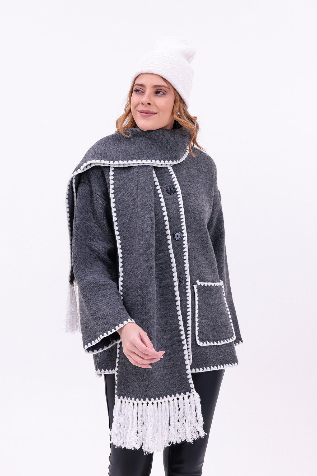 Kadın Nakışlı Atkılı Kalın Kaşe Triko Ceket-Hırka | Ekstra Sıcak Kışlık