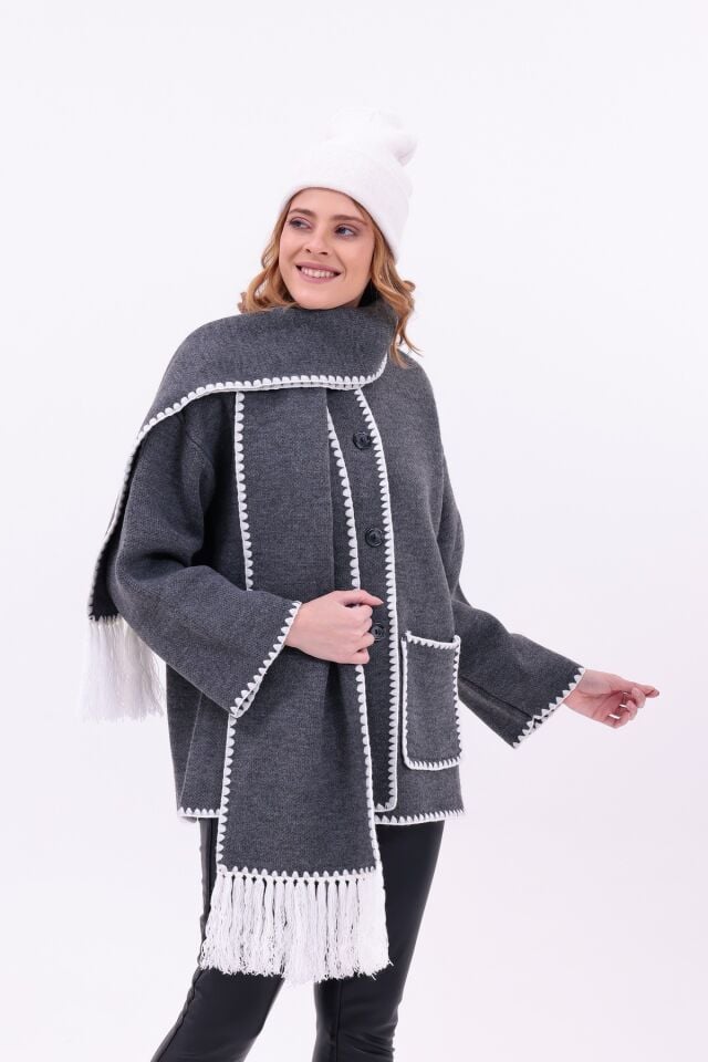 Kadın Nakışlı Atkılı Kalın Kaşe Triko Ceket-Hırka | Ekstra Sıcak Kışlık