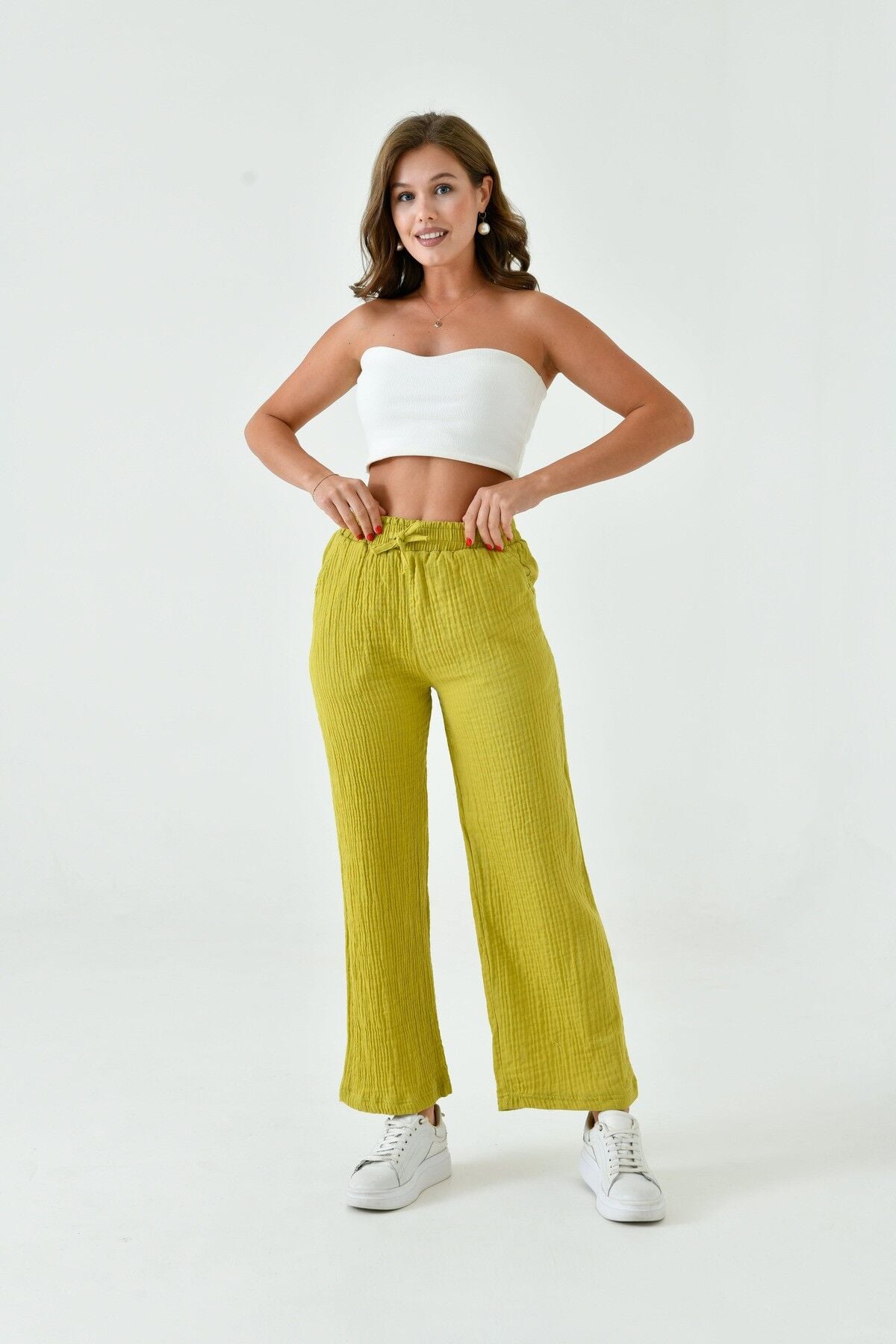 Kadın Yazlık Müslin Pantolon %100 Pamuk Bol Paça Cepli (SM25)