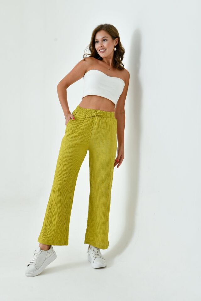 Kadın Yazlık Müslin Pantolon %100 Pamuk Bol Paça Cepli (SM25)